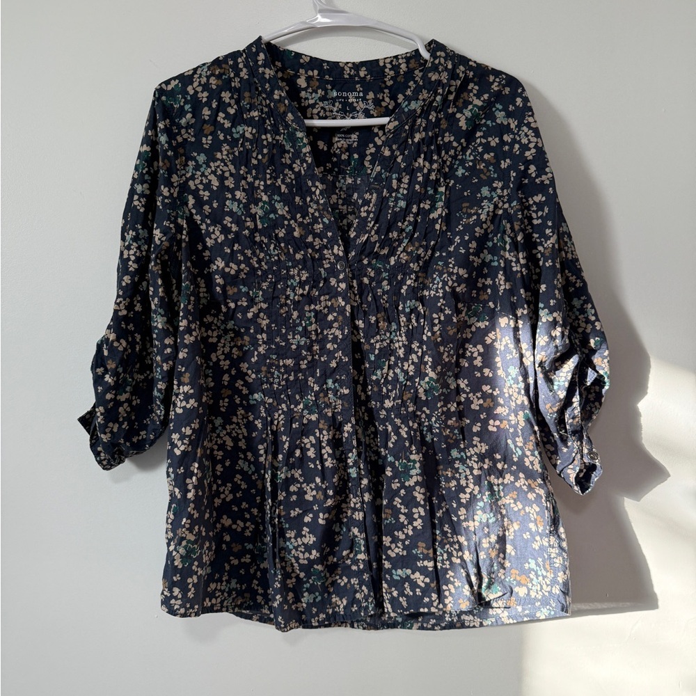 Sonoma Navy Floral Blouse Women’s Top V Neck Size Large